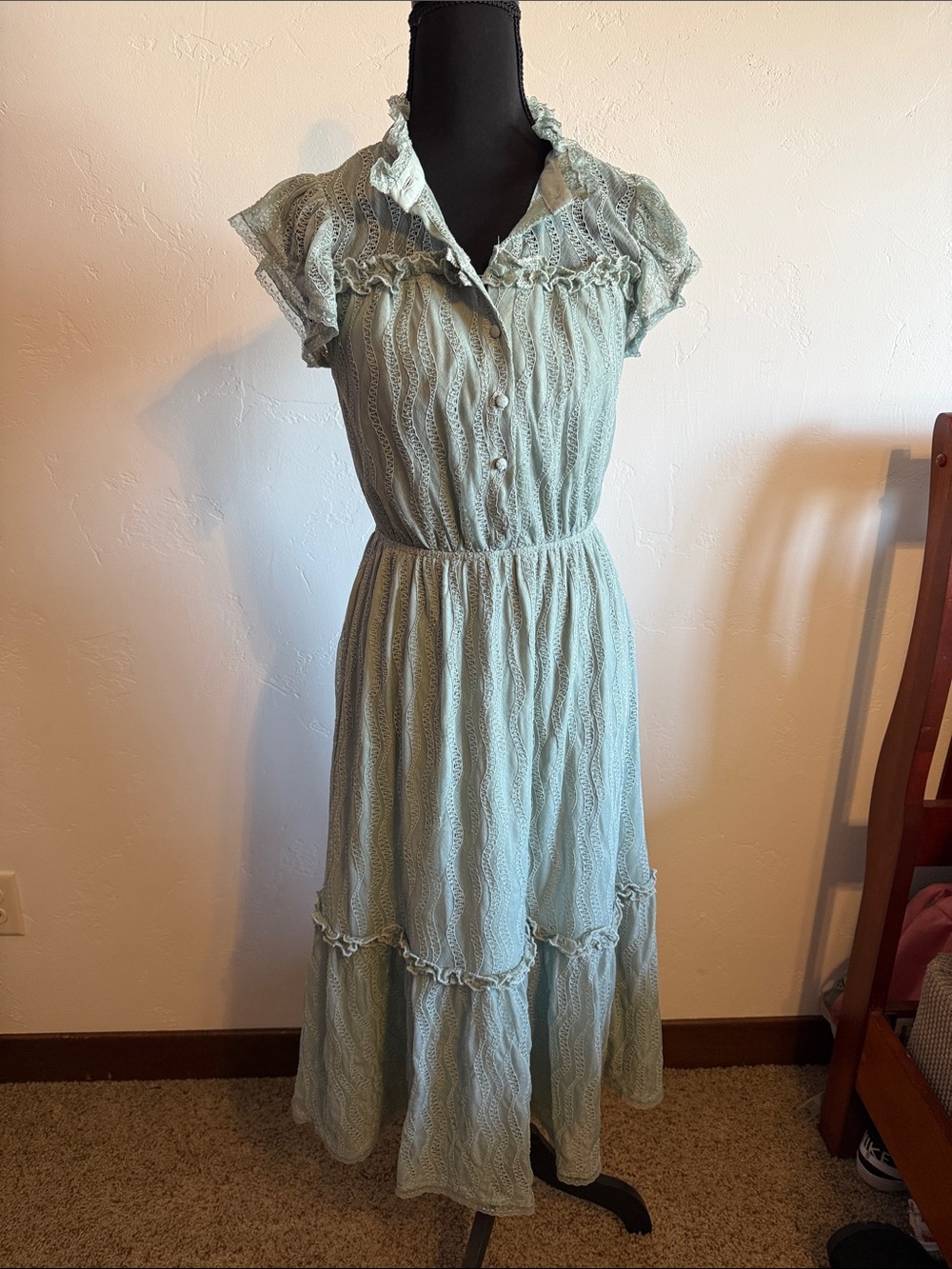 Button-Front Sage Green Maxi Dress with Ruffle Trim